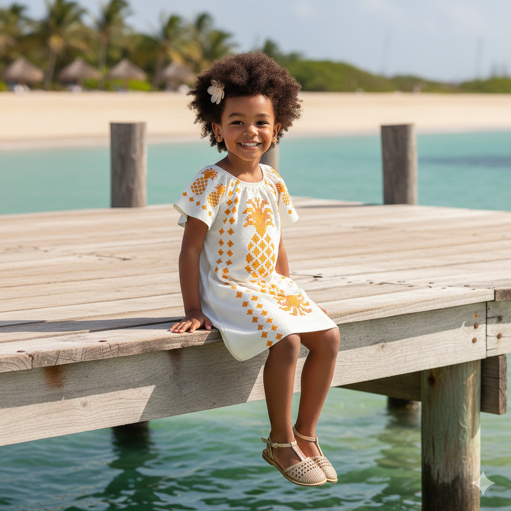 Vestido Midi Infantil | Abacaxi Bordado com Lantejoulas