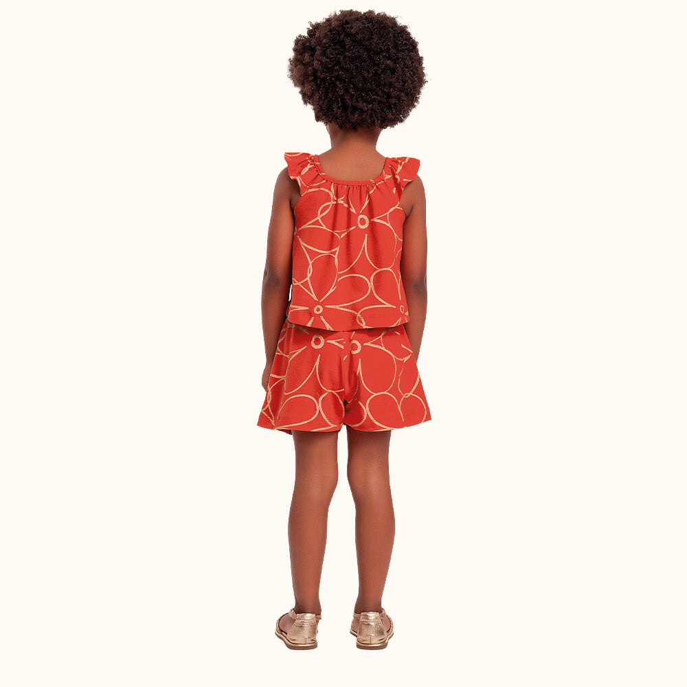 Conjunto Infantil Natal Vermelho | Floral Dourado Algodão