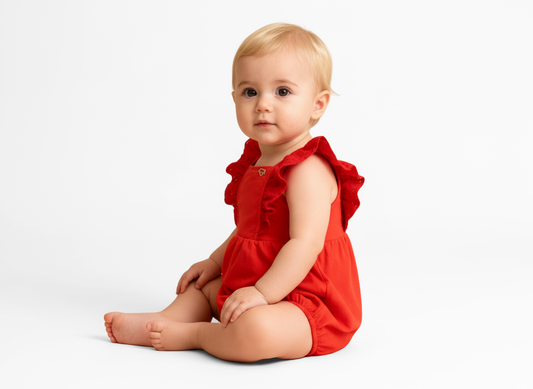 Macacão Curto Vermelho | Babado em Laise e Pingente