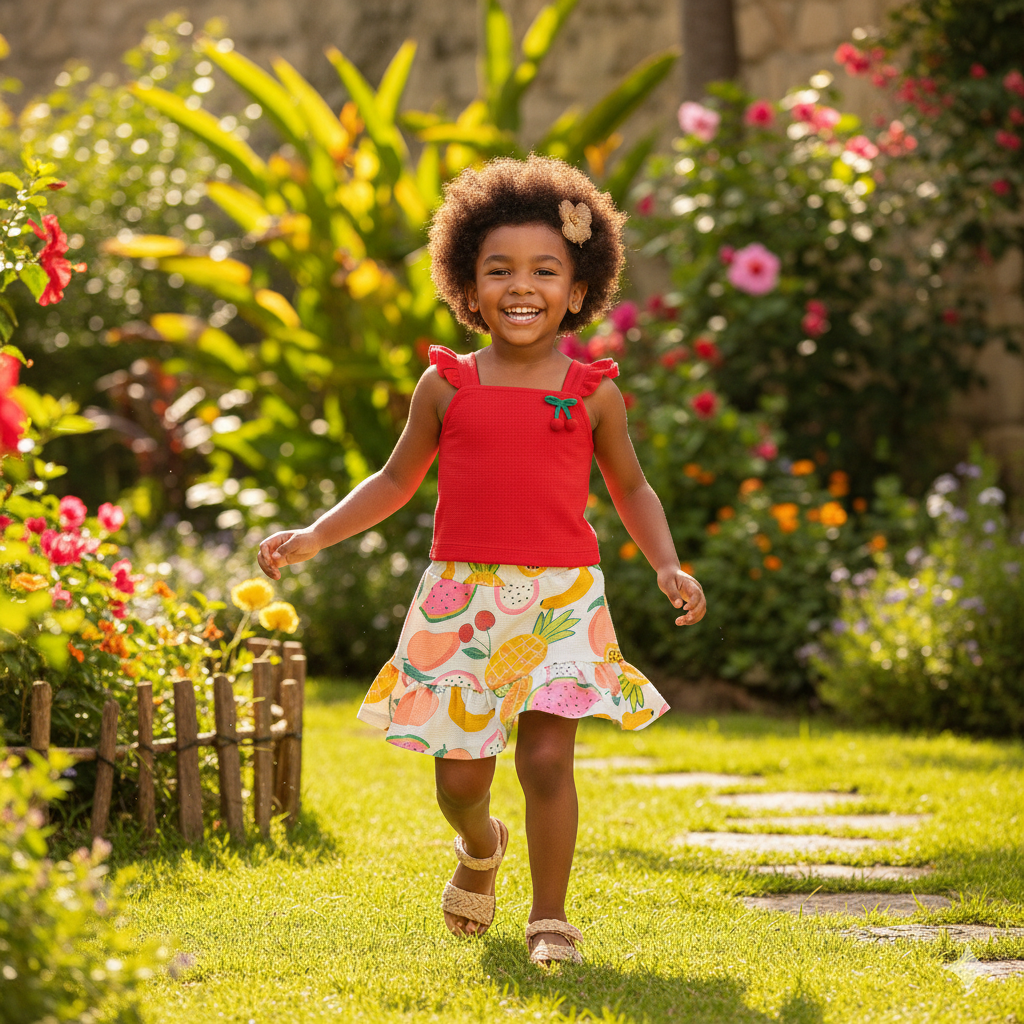 Conjunto Infantil Verão | Blusa Cereja e Saia de Frutas