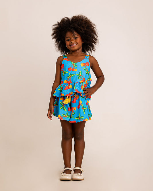 Conjunto Infantil Cerejas Azul | Blusa e Short Soltinho