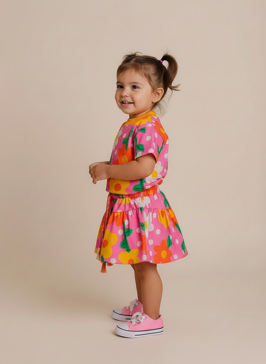 Conjunto Infantil Rosa Floral | Blusa e Short Saia