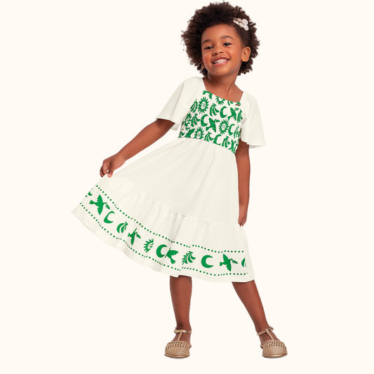 Vestido Infantil Amazônia | Malha Florence Marfim e Verde