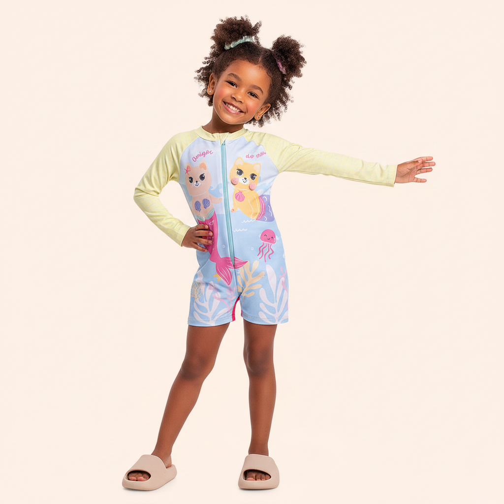 Macacão Infantil Proteção UV | Gata Sereia Amigos do Mar