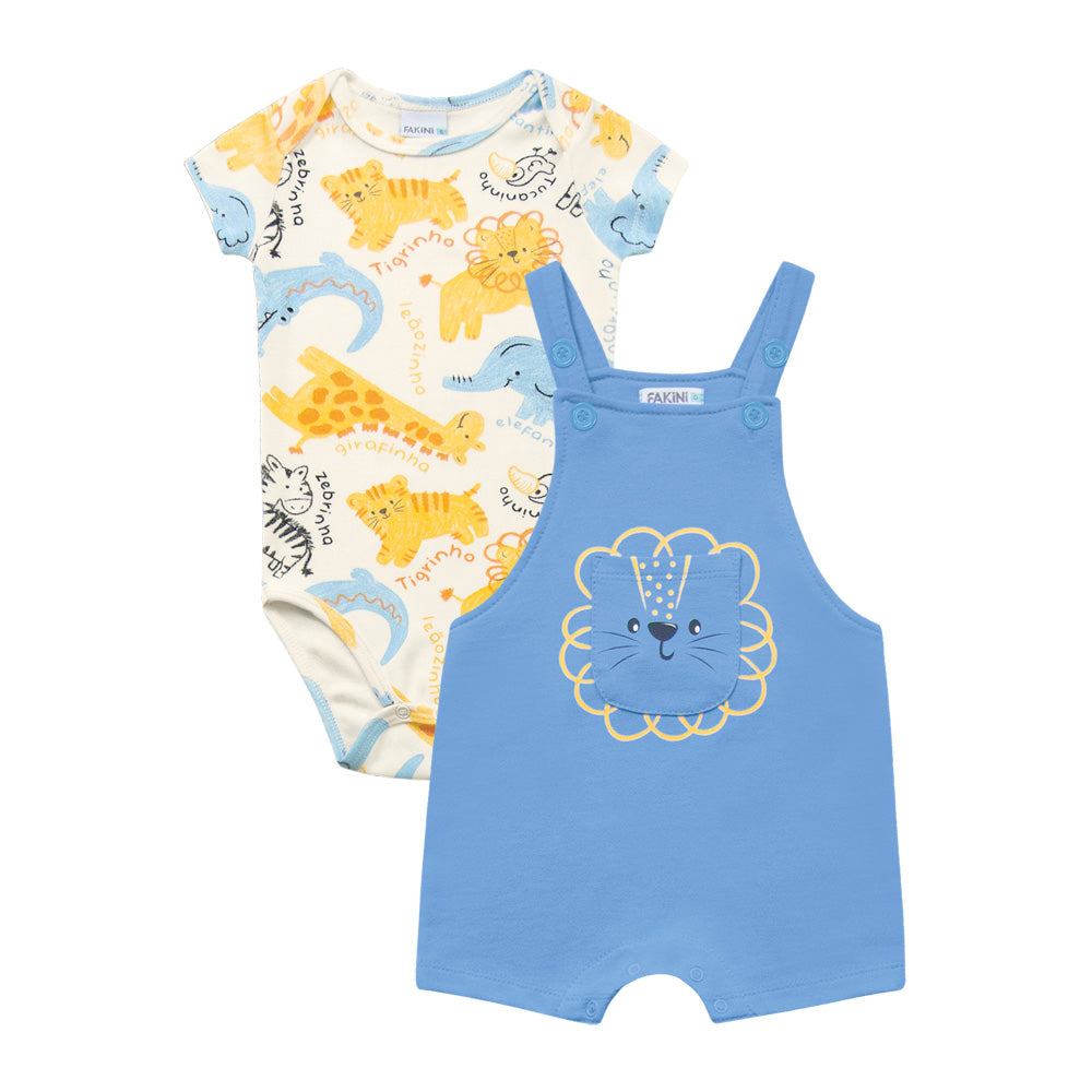 Conjunto Bebê Menino Leãozinho | Body e Jardineira Azul