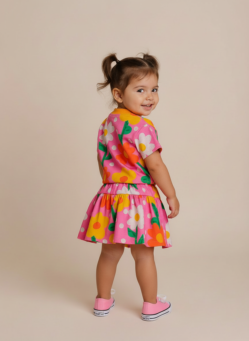 Conjunto Infantil Rosa Floral | Blusa e Short Saia