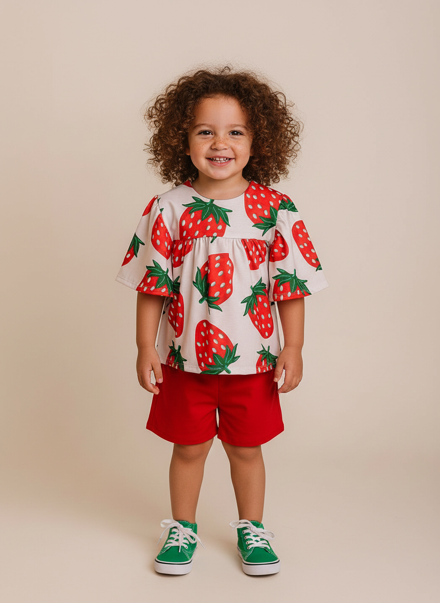 Conjunto Infantil Morangos | Blusa e Short Vermelho