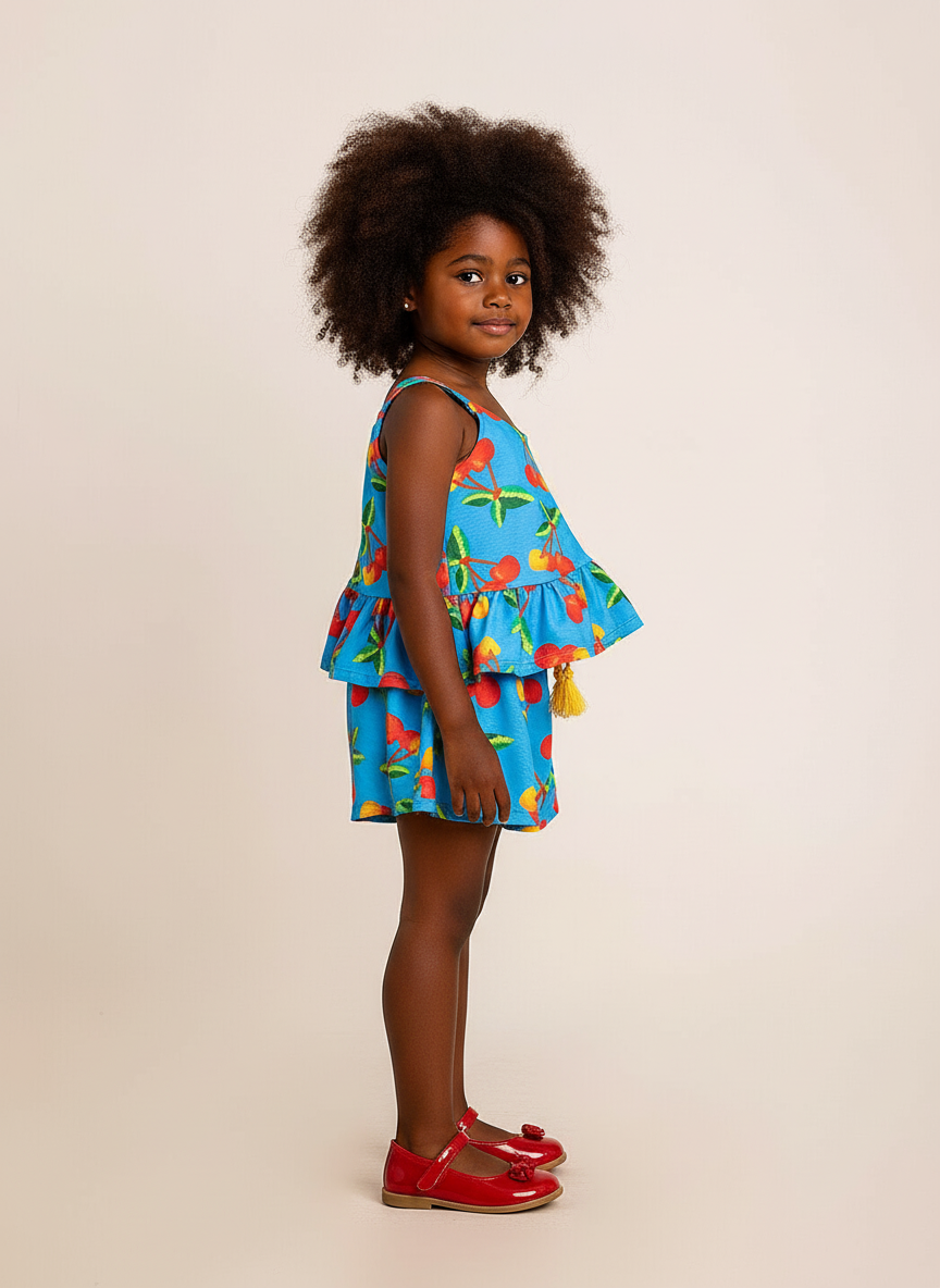 Conjunto Infantil Cerejas Azul | Blusa e Short Soltinho