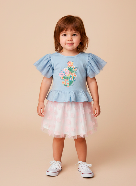 Saia Infantil com Tule e Flores | Sensorial e Estilosa