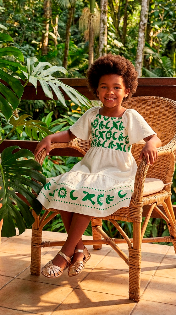 Vestido Infantil Amazônia | Malha Florence Marfim e Verde