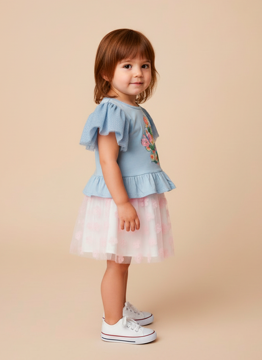 Saia Infantil com Tule e Flores | Sensorial e Estilosa