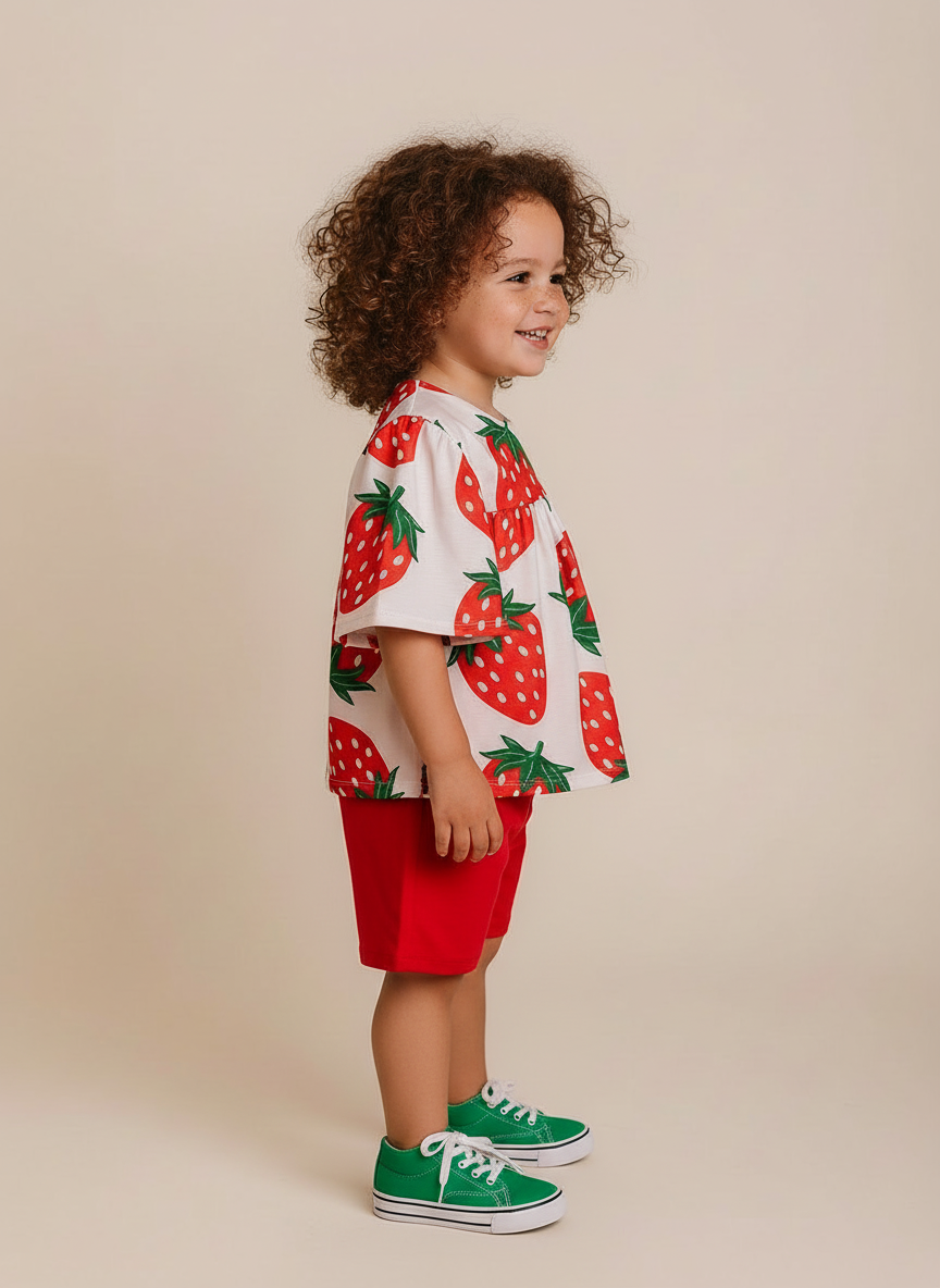 Conjunto Infantil Morangos | Blusa e Short Vermelho