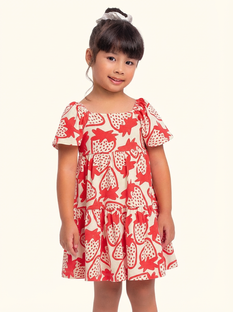 Vestido Infantil Morango Vermelho | Algodão com Pingente