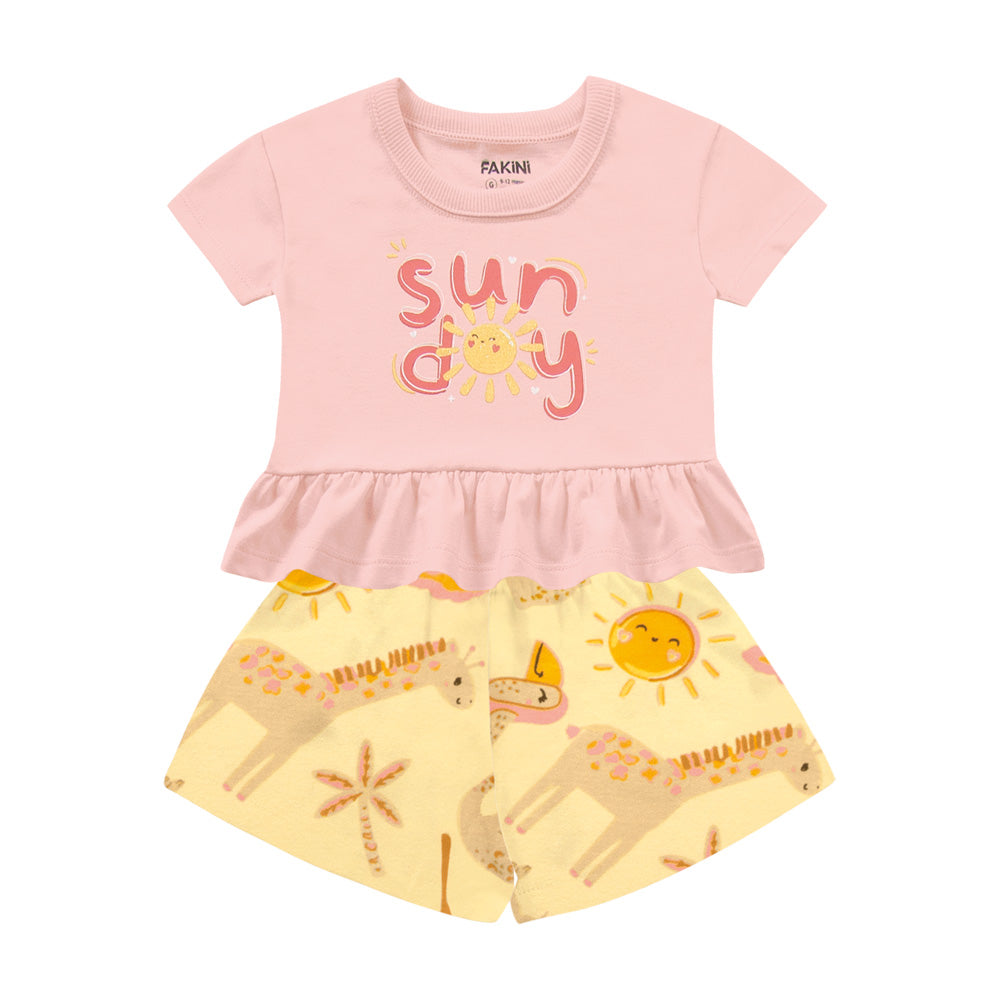 Conjunto Bebê Menina Safari | Blusa Rosa e Shorts Amarelo