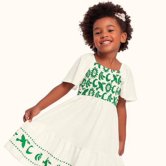 Vestido Infantil Amazônia | Malha Florence Marfim e Verde