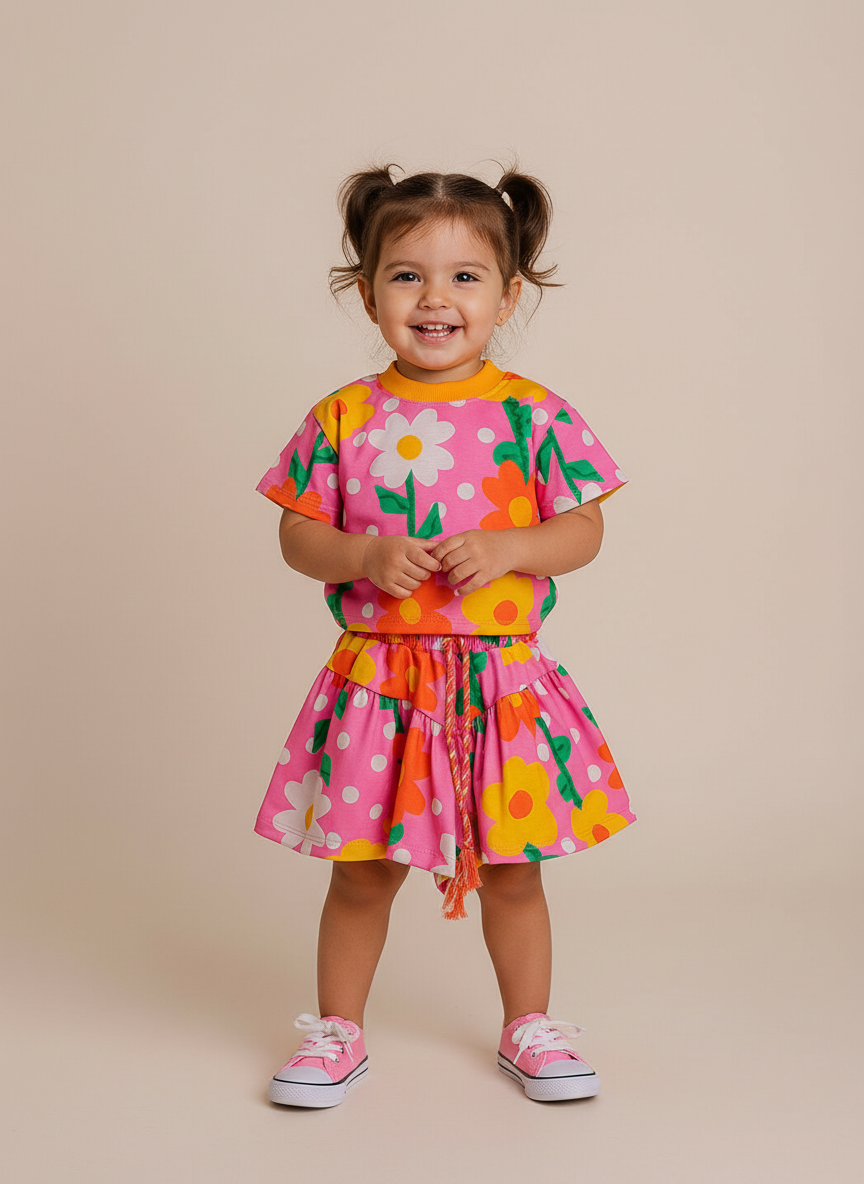 Conjunto Infantil Rosa Floral | Blusa e Short Saia