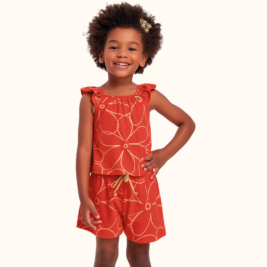 Conjunto Infantil Natal Vermelho | Floral Dourado Algodão