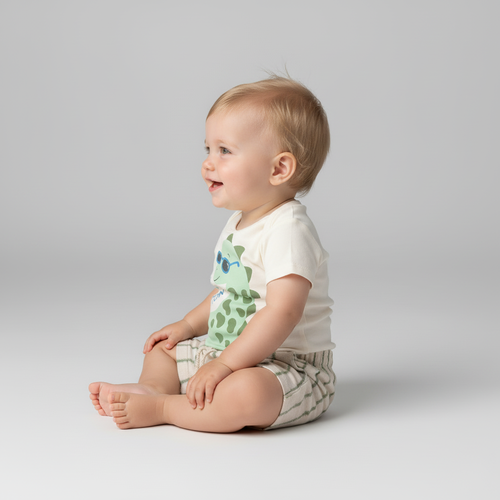 Conjunto Body Dino e Bermuda Listrada | 100% Algodão