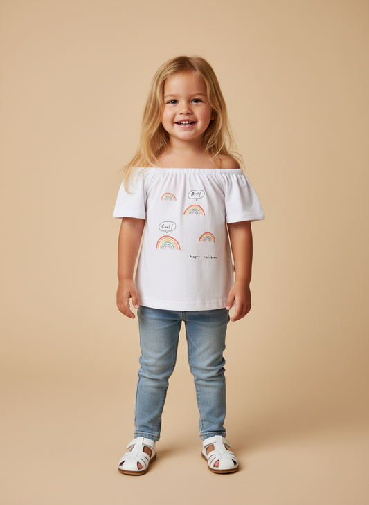 Blusa Infantil Branca Alphabeto | Manga Ombro a Ombro