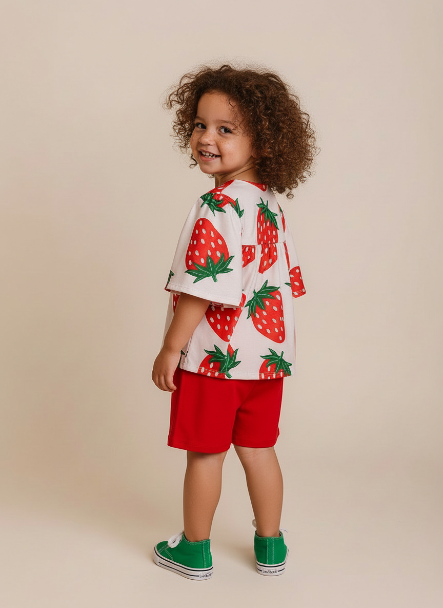 Conjunto Infantil Morangos | Blusa e Short Vermelho