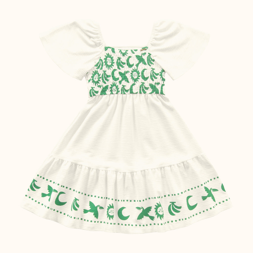 Vestido Infantil Amazônia | Malha Florence Marfim e Verde