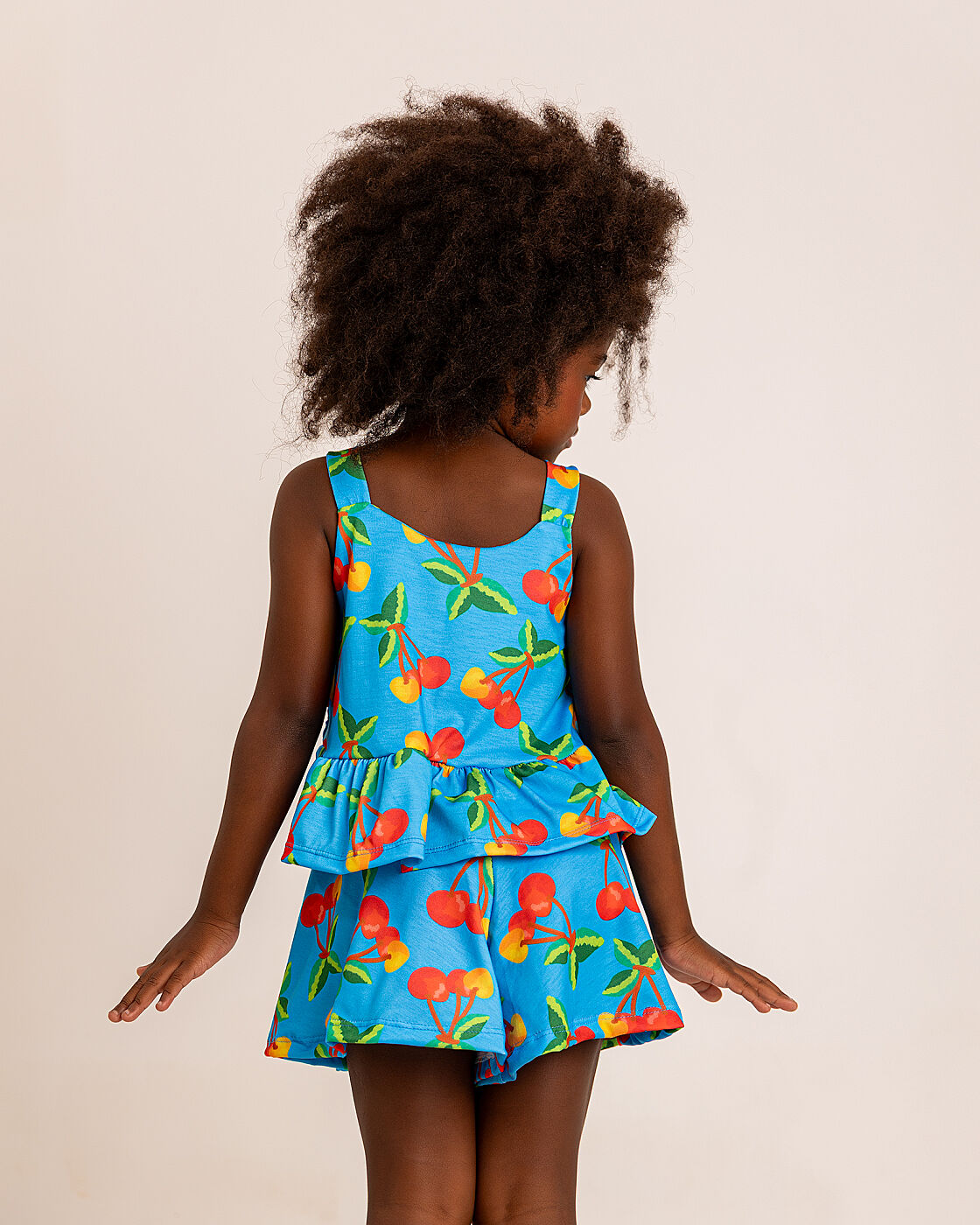 Conjunto Infantil Cerejas Azul | Blusa e Short Soltinho