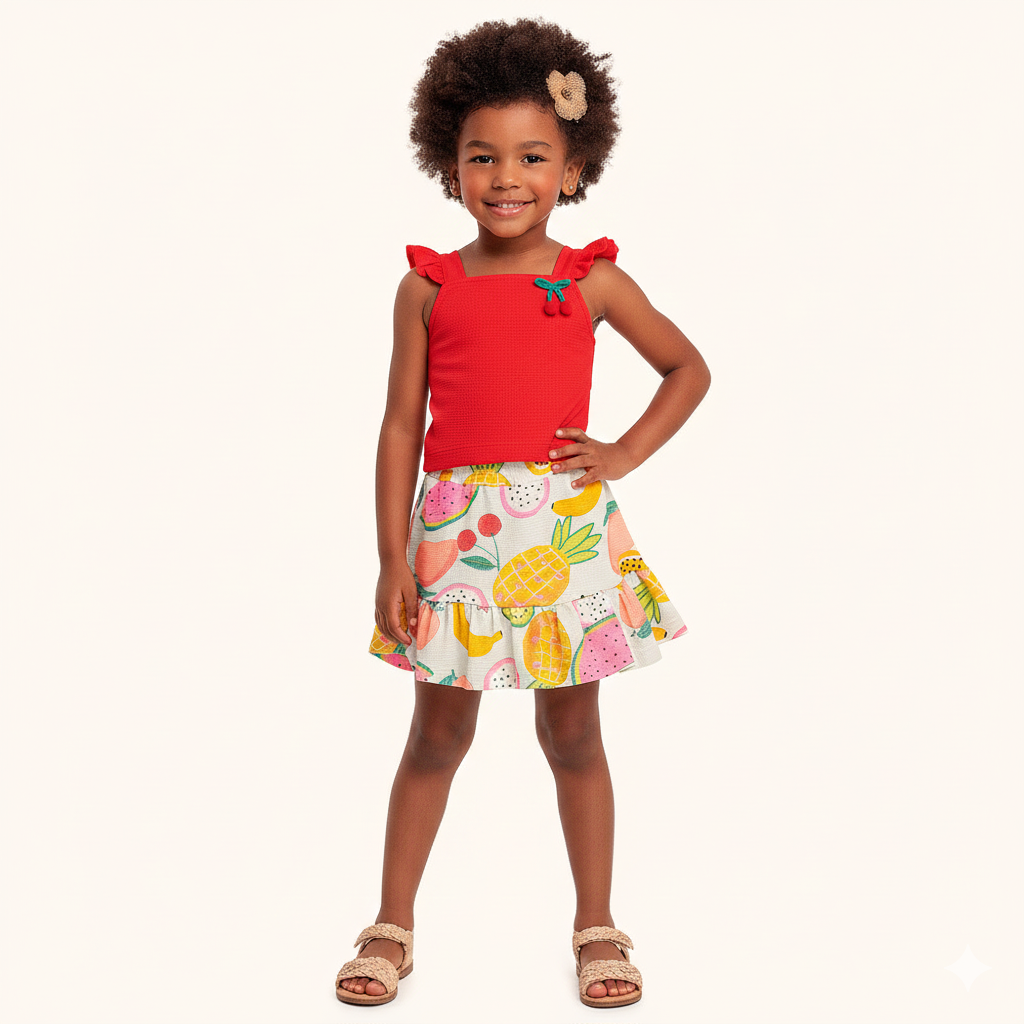 Conjunto Infantil Verão | Blusa Cereja e Saia de Frutas