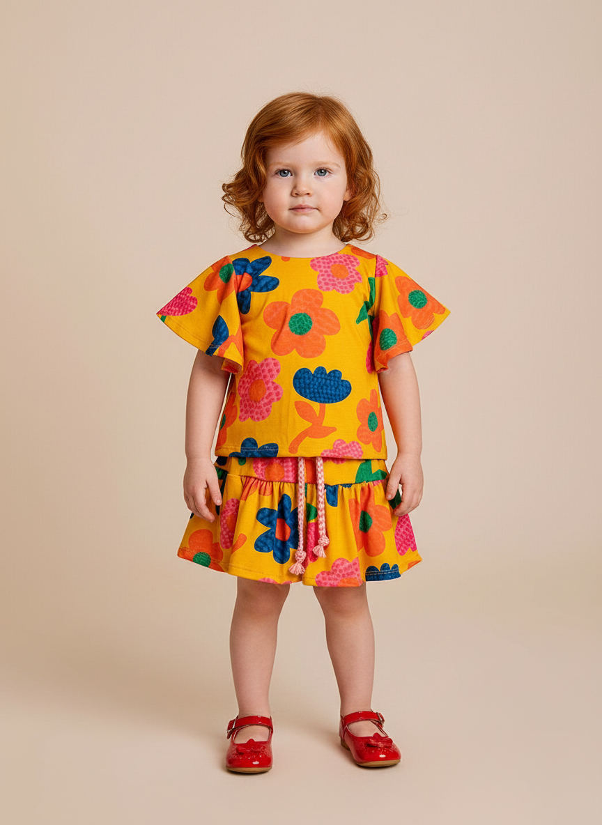 Conjunto Infantil Amarelo Floral | Blusa e Short Soltinho