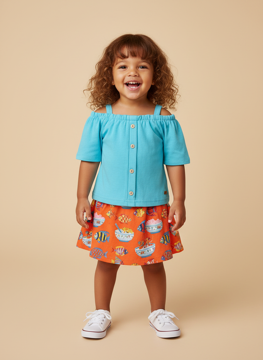 Blusa Infantil Turquesa Alphabeto | Alcinha e Ombro a Ombro