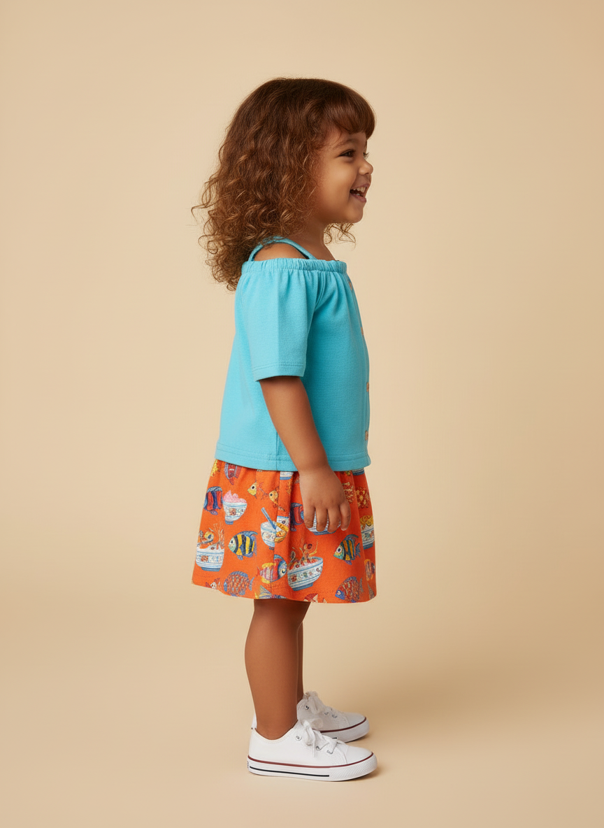 Blusa Infantil Turquesa Alphabeto | Alcinha e Ombro a Ombro