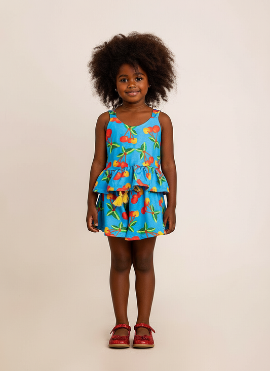 Conjunto Infantil Cerejas Azul | Blusa e Short Soltinho