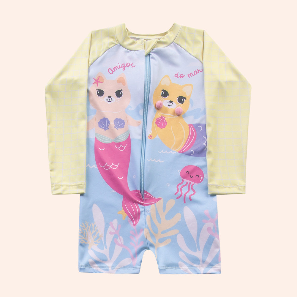 Macacão Infantil Proteção UV | Gata Sereia Amigos do Mar
