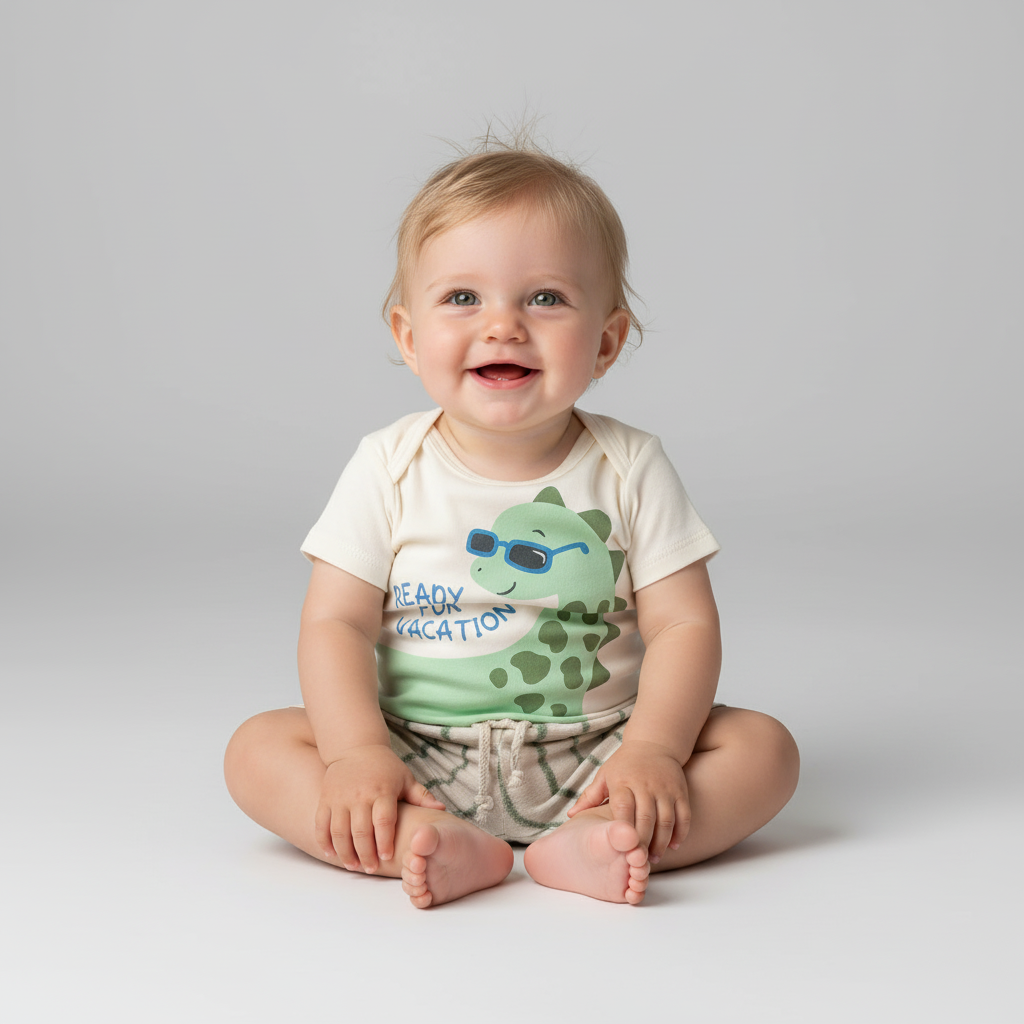 Conjunto Body Dino e Bermuda Listrada | 100% Algodão