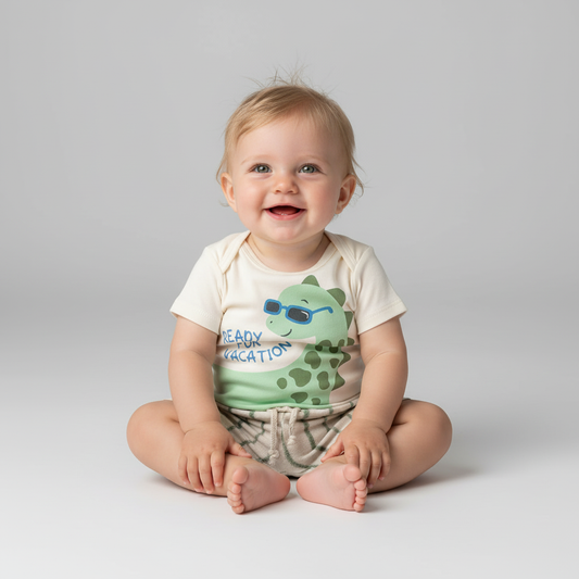 Conjunto Body Dino e Bermuda Listrada | 100% Algodão