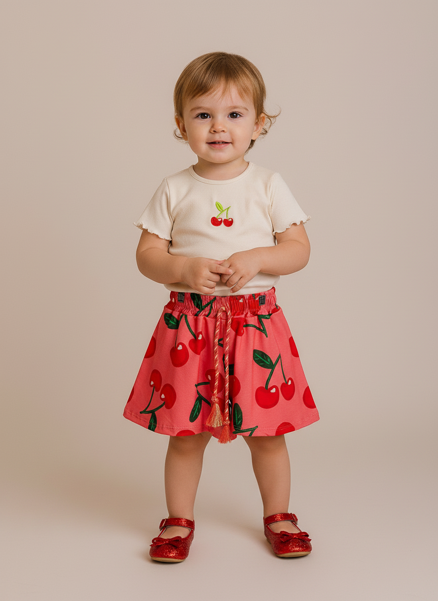 Conjunto Infantil Cerejinha | Blusa Bordada e Short Soltinho