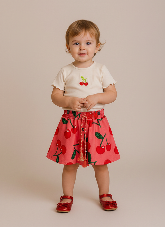 Conjunto Infantil Cerejinha | Blusa Bordada e Short Soltinho