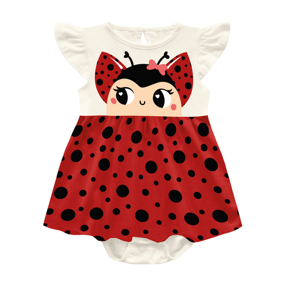 Body Manga Curta com Saia | Estampa Joaninha Cheia de Charme