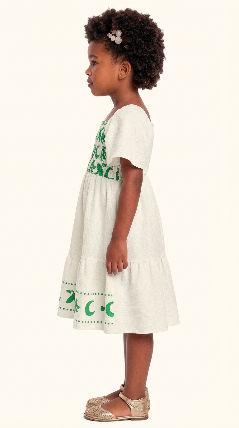 Vestido Infantil Amazônia | Malha Florence Marfim e Verde
