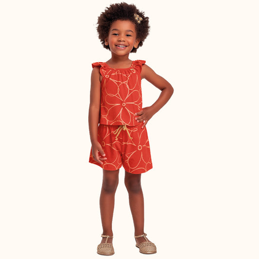Conjunto Infantil Natal Vermelho | Floral Dourado Algodão