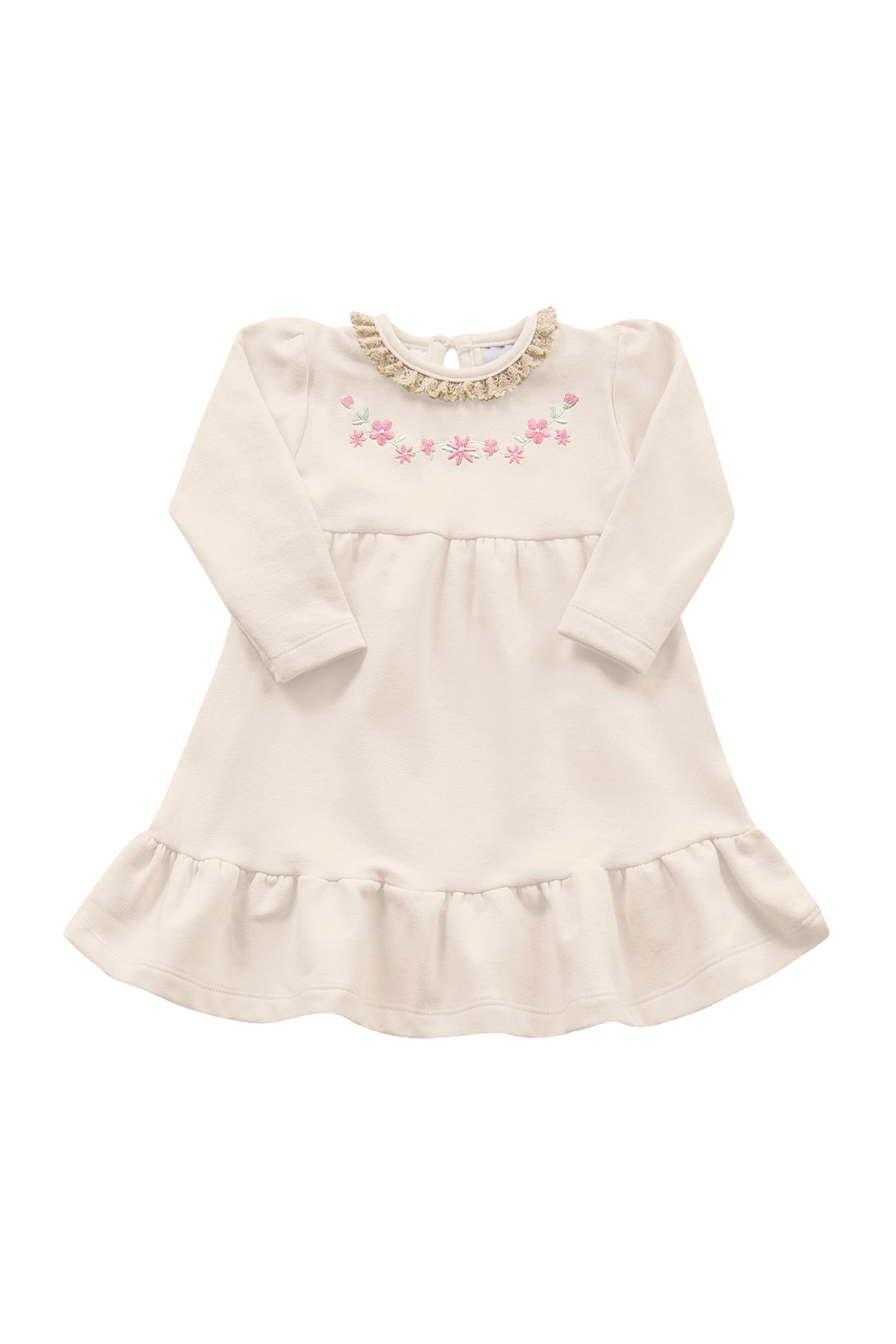 Vestido Bebê Manga Longa Baunilha com Renda | Fakini