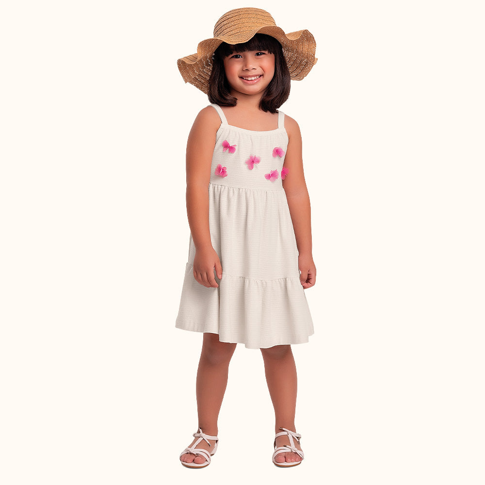 Vestido Infantil Baunilha c/ Flores | Malha Florence Algodão