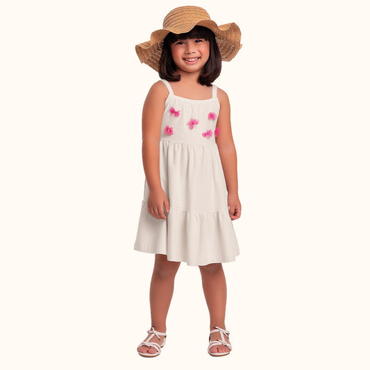 Vestido Infantil Baunilha c/ Flores | Malha Florence Algodão