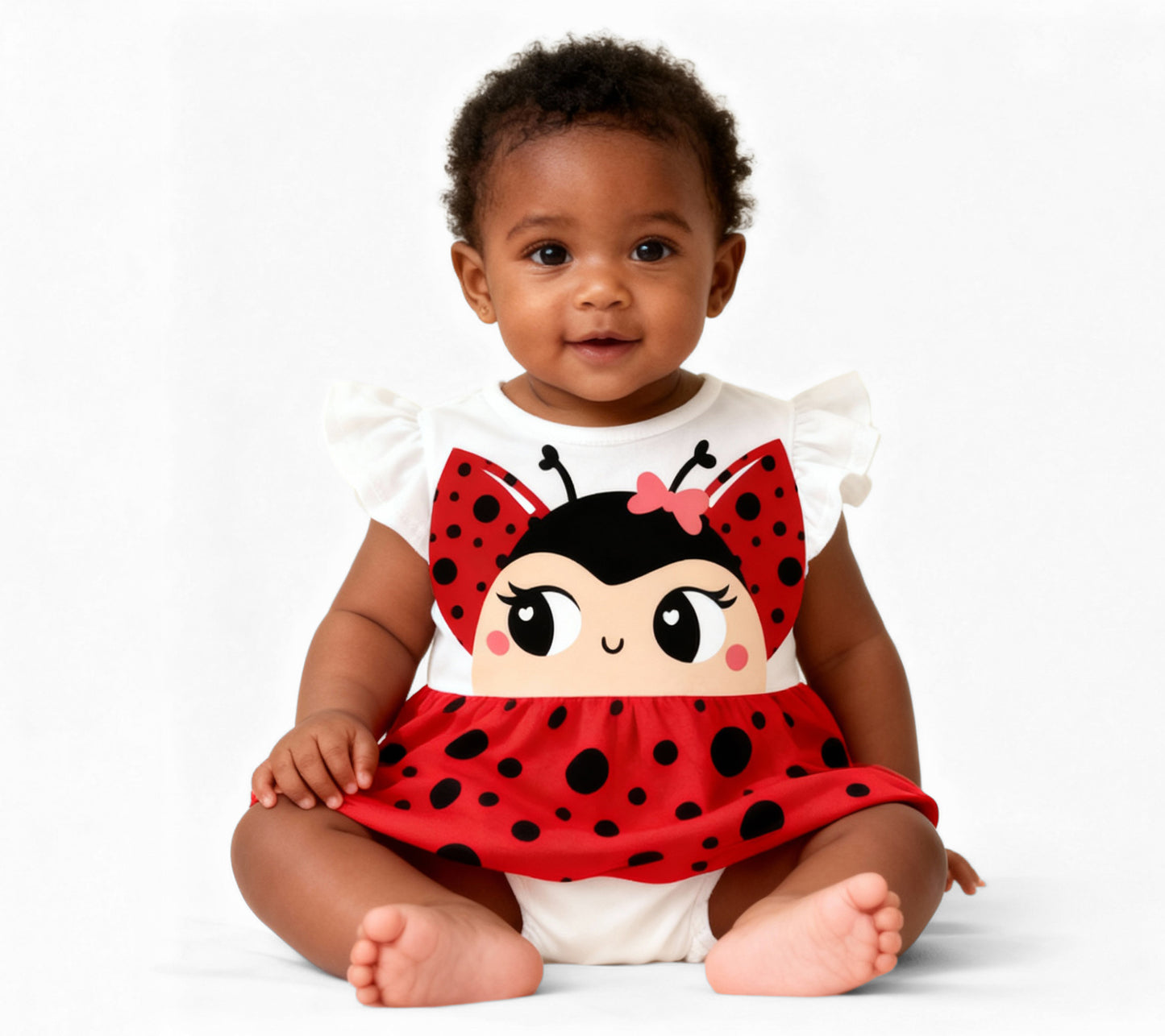 Body Manga Curta com Saia | Estampa Joaninha Cheia de Charme