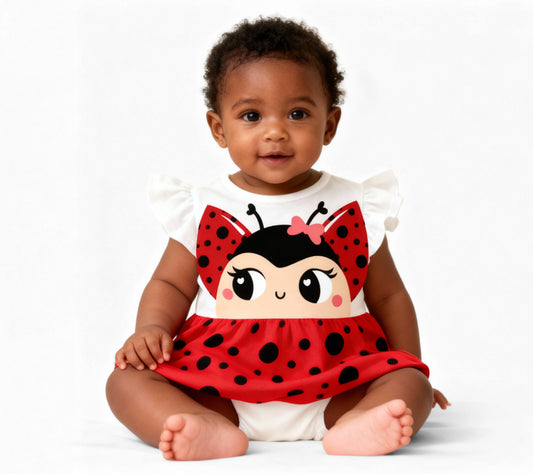 Body Manga Curta com Saia | Estampa Joaninha Cheia de Charme