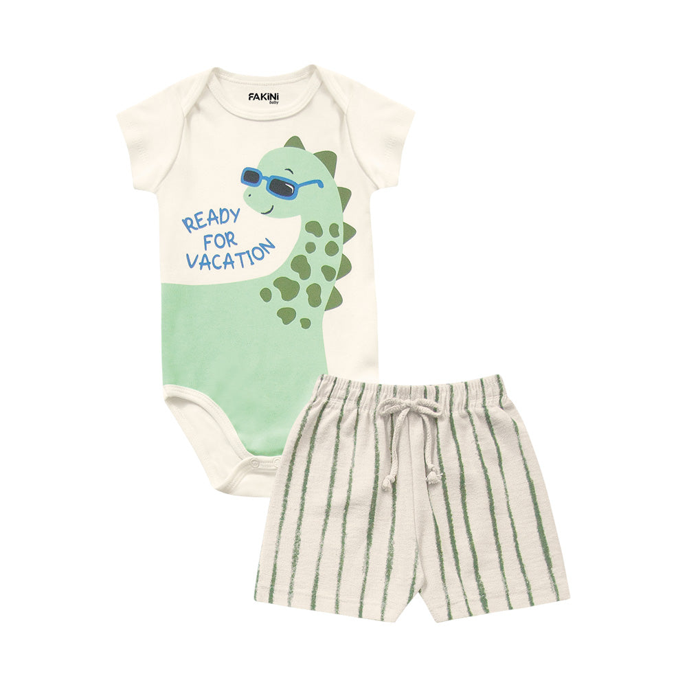 Conjunto Body Dino e Bermuda Listrada | 100% Algodão