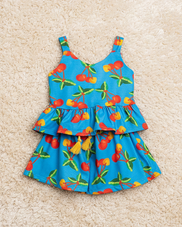 Conjunto Infantil Cerejas Azul | Blusa e Short Soltinho