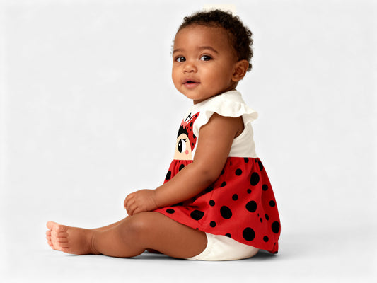 Body Manga Curta com Saia | Estampa Joaninha Cheia de Charme